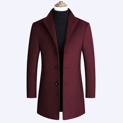 Warm Men’s Wool Coat - Single-Breasted Mid-Thigh, Winter
