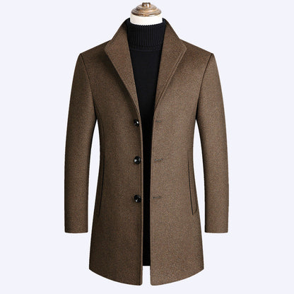 Warm Men’s Wool Coat - Single-Breasted Mid-Thigh, Winter