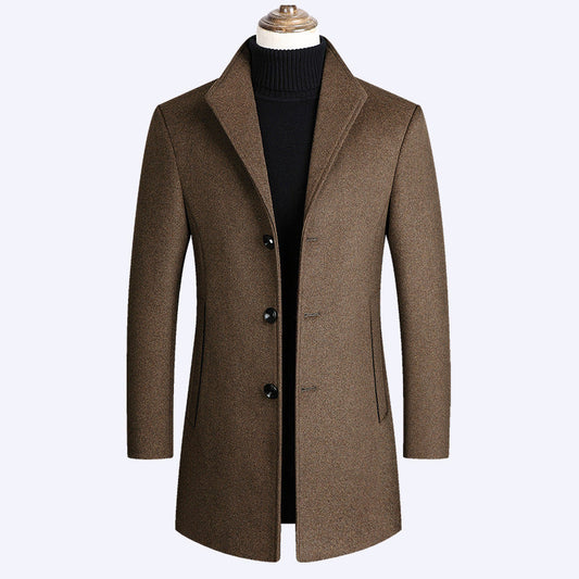 Warm Men’s Wool Coat - Single-Breasted Mid-Thigh, Winter