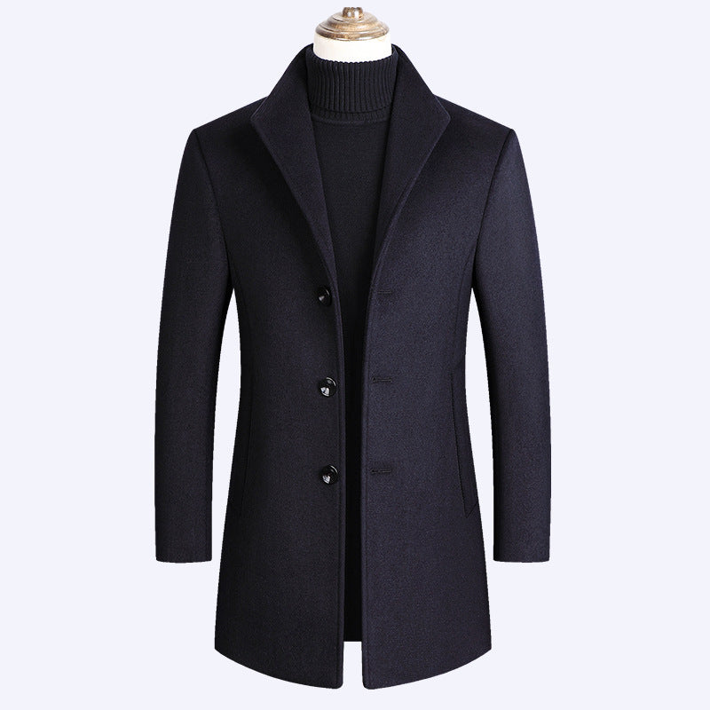 Warm Men’s Wool Coat - Single-Breasted Mid-Thigh, Winter