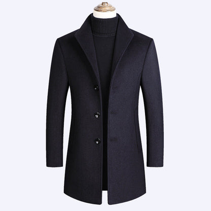 Warm Men’s Wool Coat - Single-Breasted Mid-Thigh, Winter