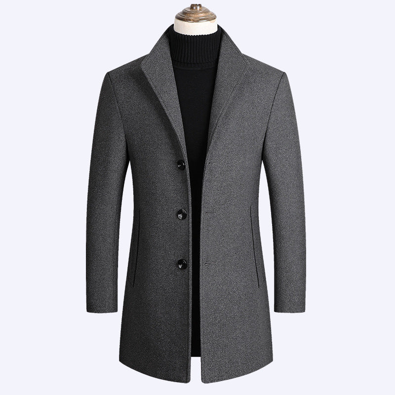 Warm Men’s Wool Coat - Single-Breasted Mid-Thigh, Winter