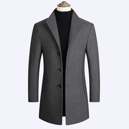 Warm Men’s Wool Coat - Single-Breasted Mid-Thigh, Winter