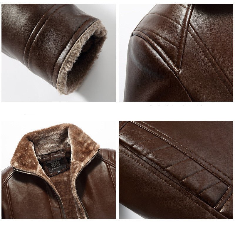 Warm men's leather jacket - fur-lined stand-up collar, durable PU leather, winter citywear