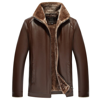 Warm men's leather jacket - fur-lined stand-up collar, durable PU leather, winter citywear