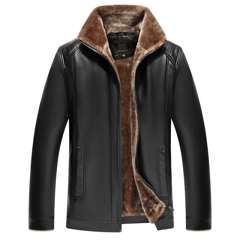Warm men's leather jacket - fur-lined stand-up collar, durable PU leather, winter citywear