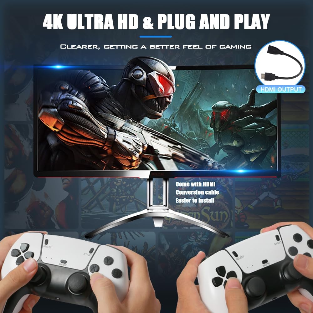 Mini Retro Game Console with 20,000 Classic Games - 4K HD Output, Dual Wireless Controllers