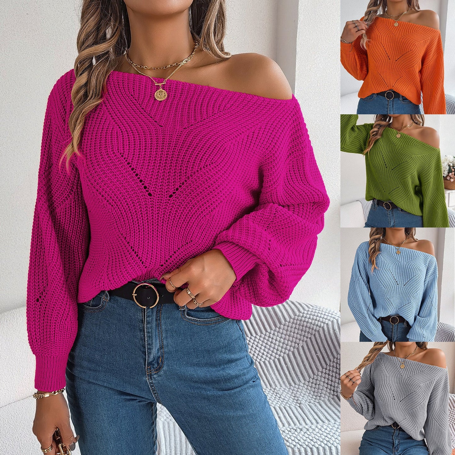 Soft Women’s Sweater - Off Shoulder Lantern Sleeve, Acrylic