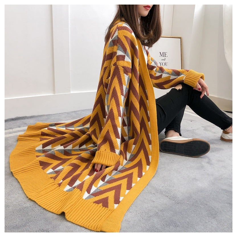 Oversized Womens Cardigan - Longline Front, Chevron Knit