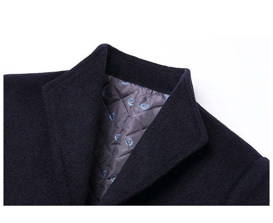 Warm Men’s Wool Coat - Single-Breasted Mid-Thigh, Winter