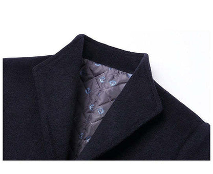 Warm Men’s Wool Coat - Single-Breasted Mid-Thigh, Winter