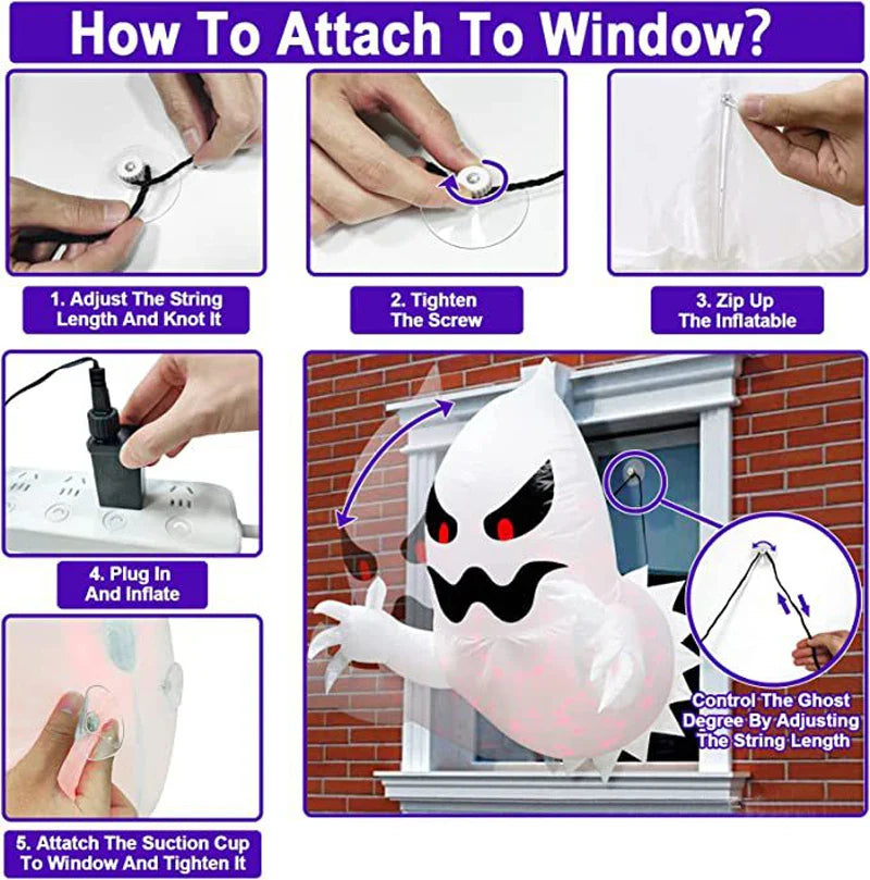 4.6ft Halloween Inflatable Window Ghost with LED Lights – Spooky ...