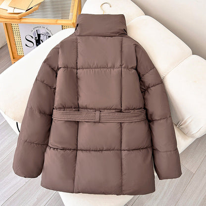 Warm Womens Puffer Coat - Belted Quilted Nylon Midthigh