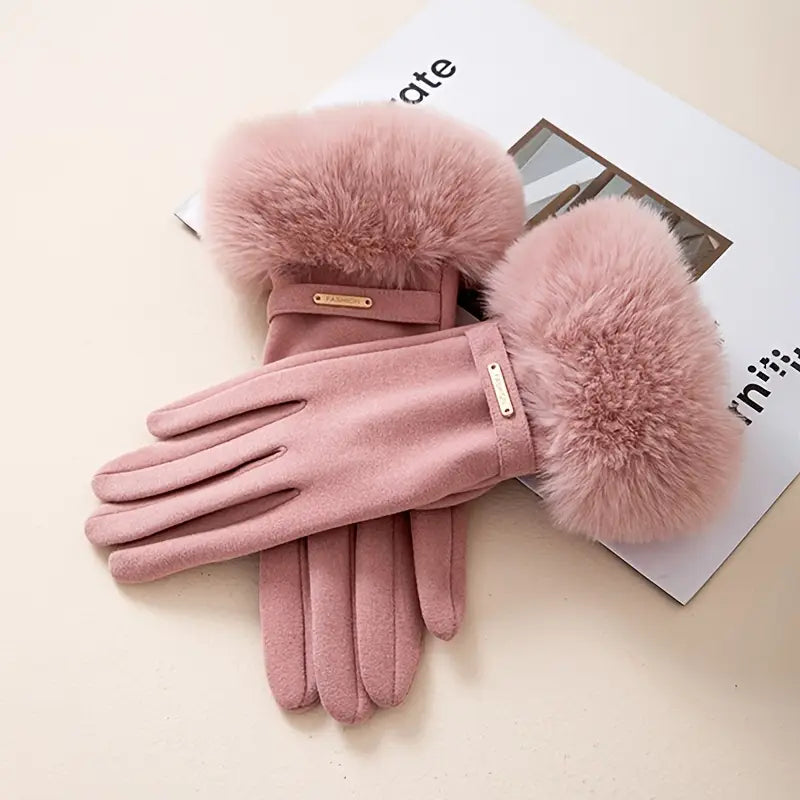 Insulating Women's Gloves - Fur Cuff, Suede, For Commuting