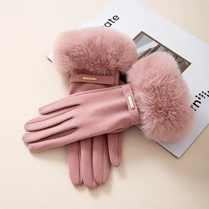Insulating Women's Gloves - Fur Cuff, Suede, For Commuting