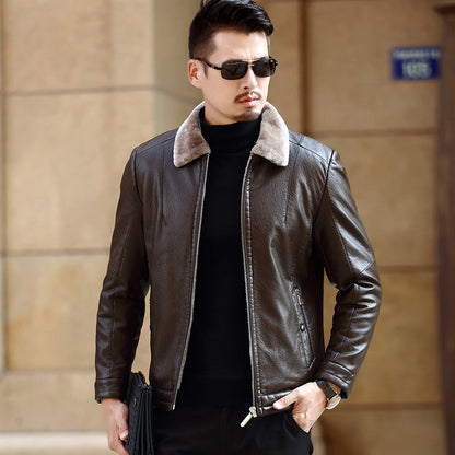 Chaqueta de cuero cálida para hombre – Bomber pulido con cremallera frontal y cuello de borrego, cuero PU, otoño/invierno