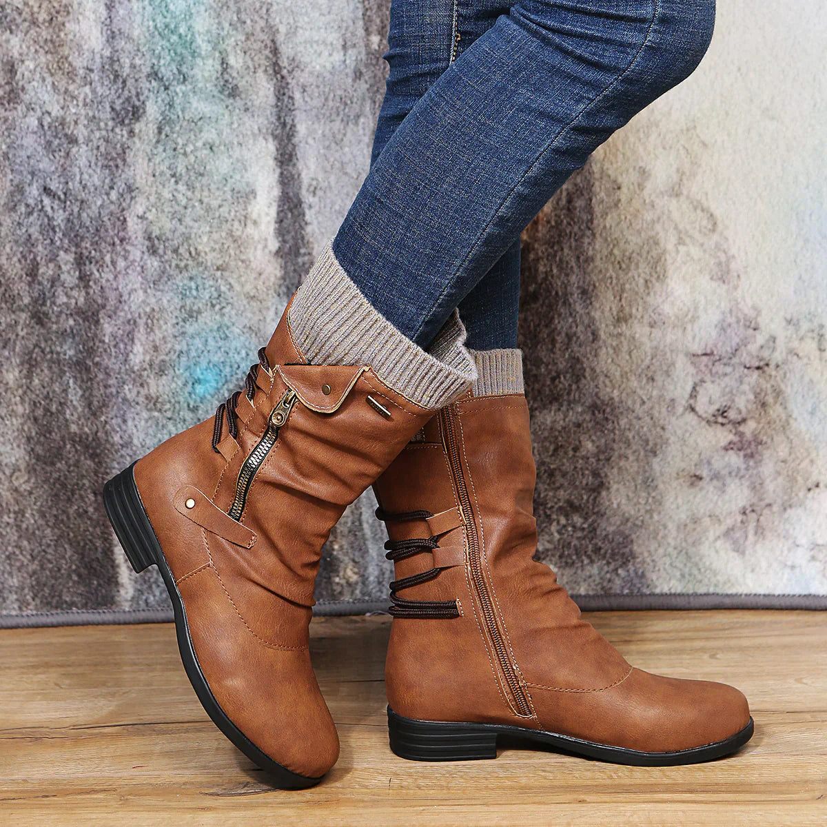 Warm Cozy Women's Mid Calf Winter Boots- Leather, For Winter