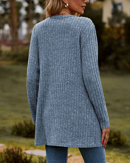 Zachte damescardigan - lang model, geribbelde tricot, voor de herfst