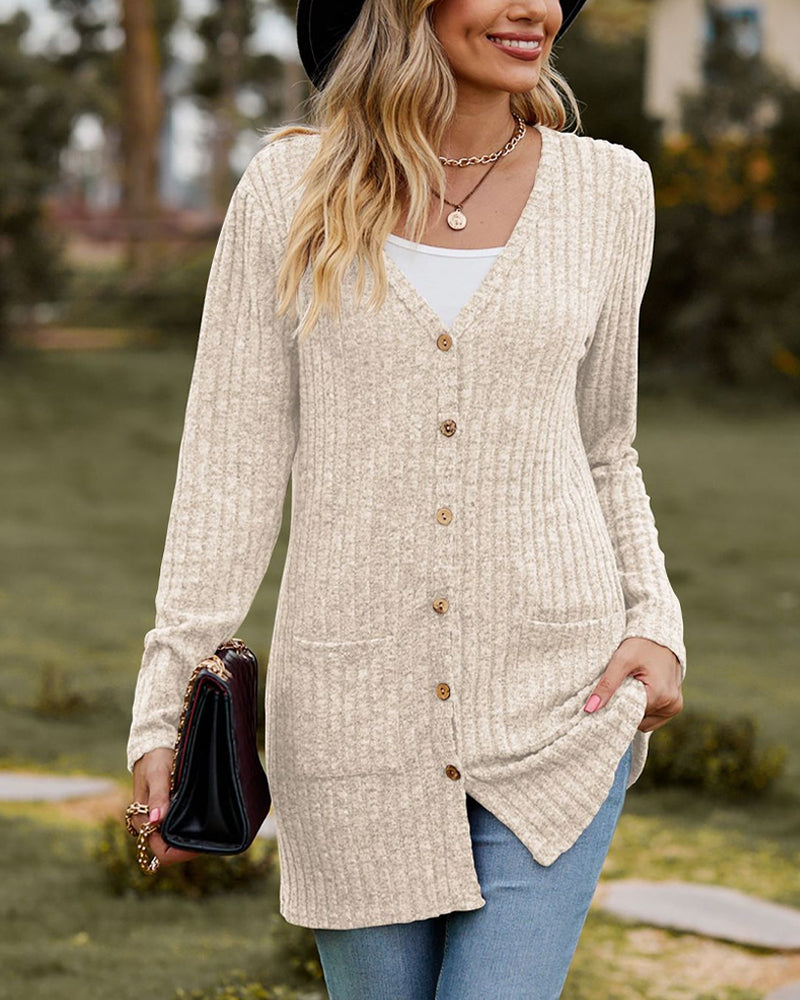 Zachte damescardigan - lang model, geribbelde tricot, voor de herfst