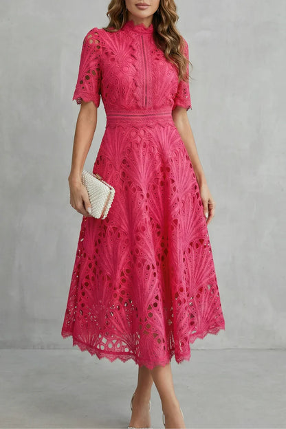 Soft Women's Dress - Lace, Cinched Waist, Short Sleeves, Classic A-Line Silhouette, 100% Polyester, For Occasions