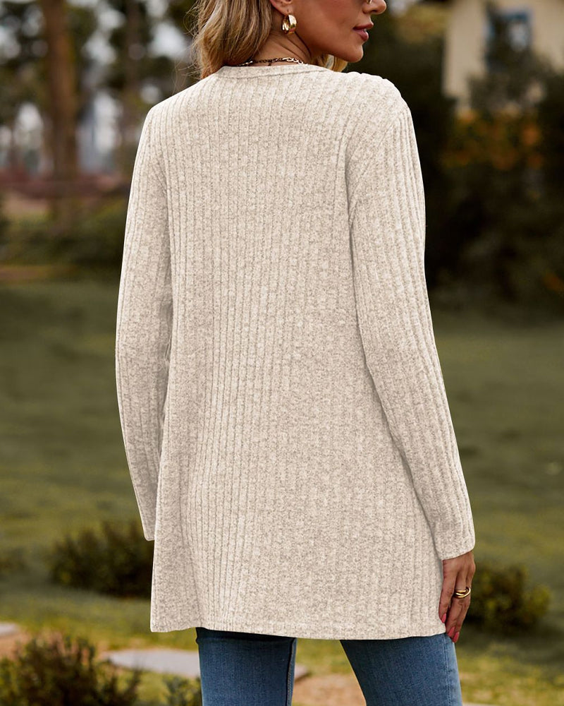 Zachte damescardigan - lang model, geribbelde tricot, voor de herfst