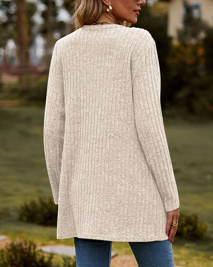 Zachte damescardigan - lang model, geribbelde tricot, voor de herfst