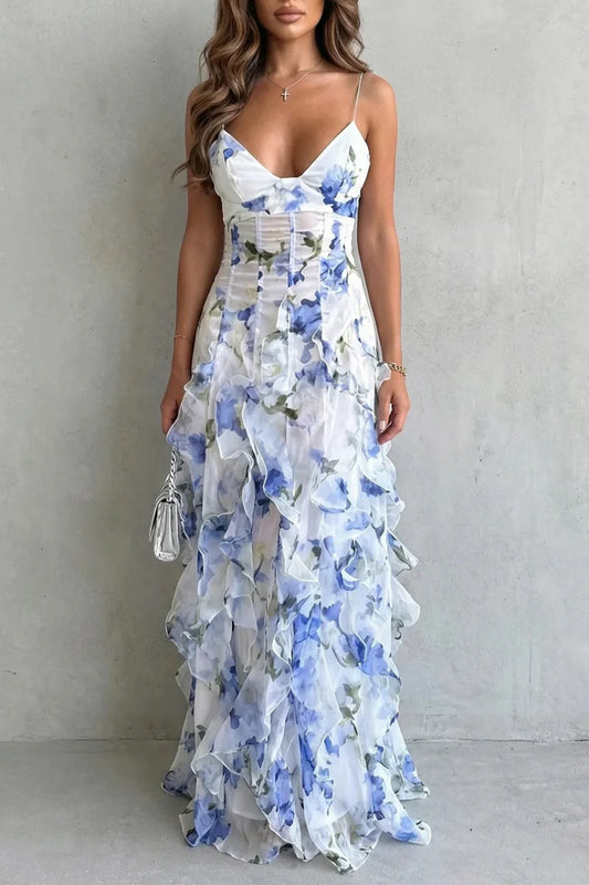 Vestito leggero da donna – scollo a V, spalline sottili, gonna fairy in organza a strati, per eventi primaverili ed estivi