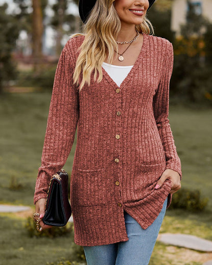 Zachte damescardigan - lang model, geribbelde tricot, voor de herfst