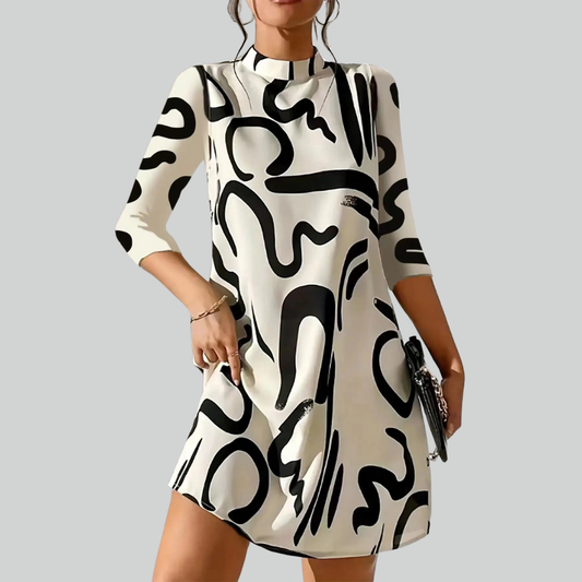 Modisches Langarm-Minikleid mit Print für Damen, Herbst, lässige Bürobekleidung, Robe Femme