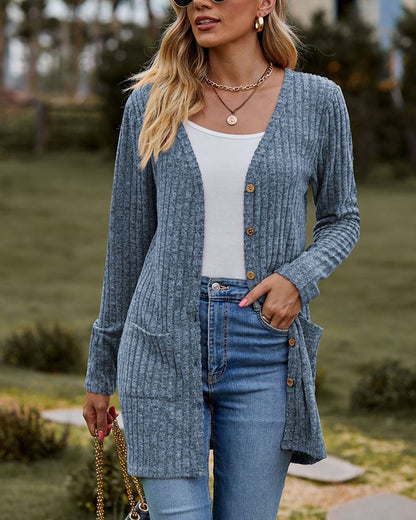 Zachte damescardigan - lang model, geribbelde tricot, voor de herfst