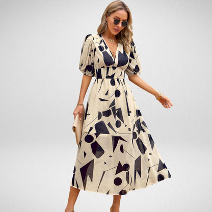 Elegant Printed Midi Dress with Three-Quarter Sleeves for Women - Versatile Midi Dress for Any Occasion-1