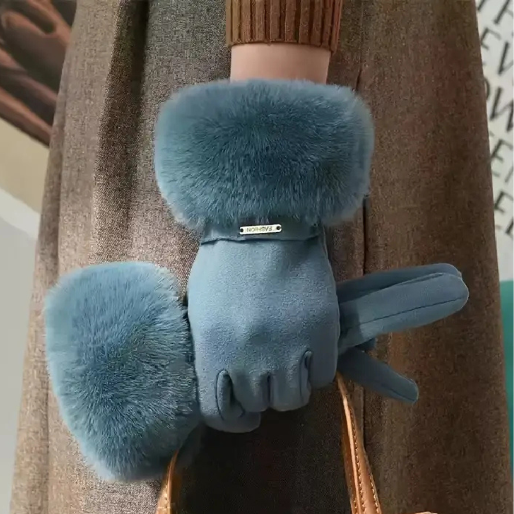 Insulating Women's Gloves - Fur Cuff, Suede, For Commuting