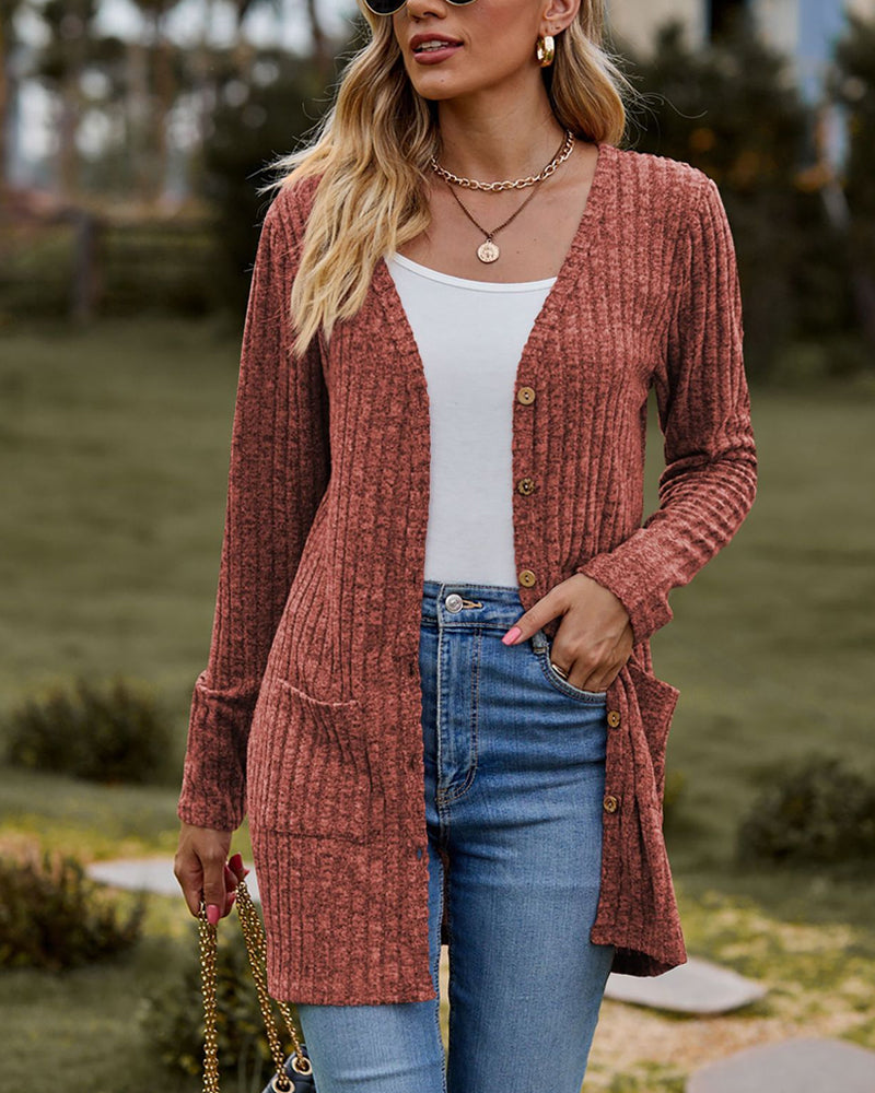 Zachte damescardigan - lang model, geribbelde tricot, voor de herfst