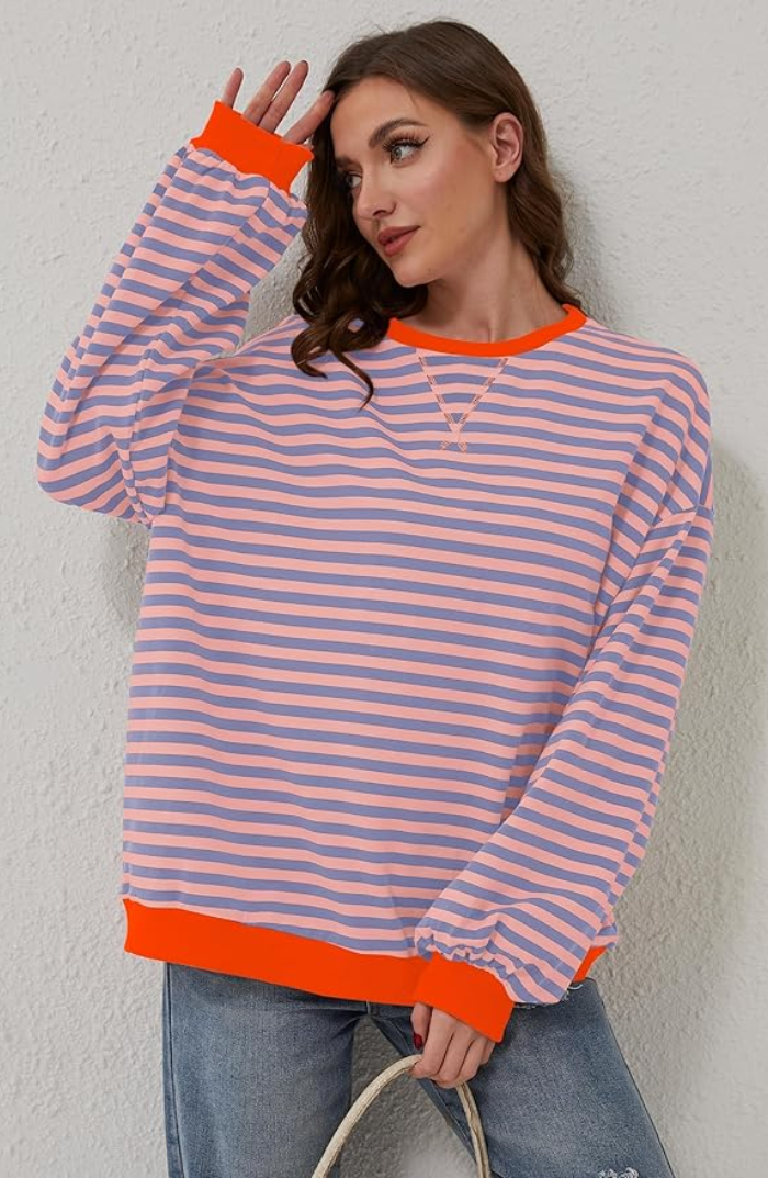 Sudadera extragrande para mujer - Casual de algodón a rayas con corte cuadrado