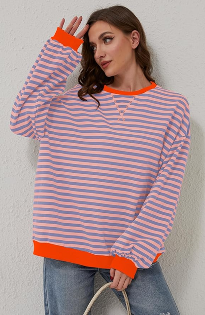 Sudadera extragrande para mujer - Casual de algodón a rayas con corte cuadrado