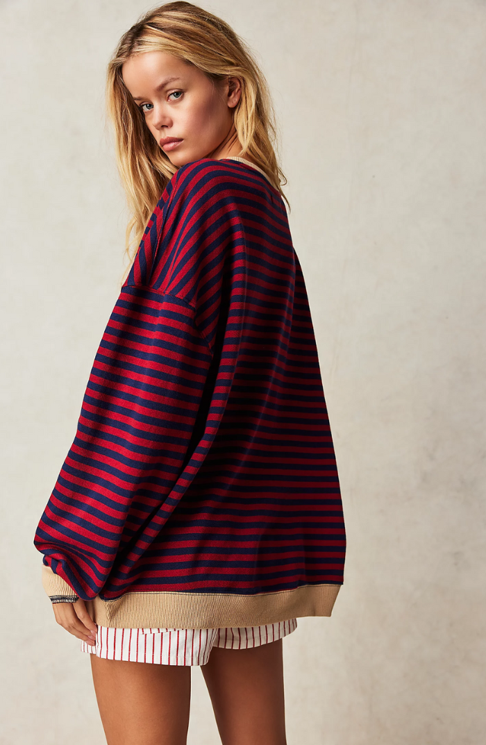 Sudadera extragrande para mujer - Casual de algodón a rayas con corte cuadrado