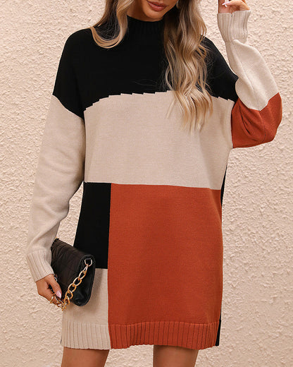 Warm Cozy Women's Tunic Sweater - Colorblock Knit, Winter