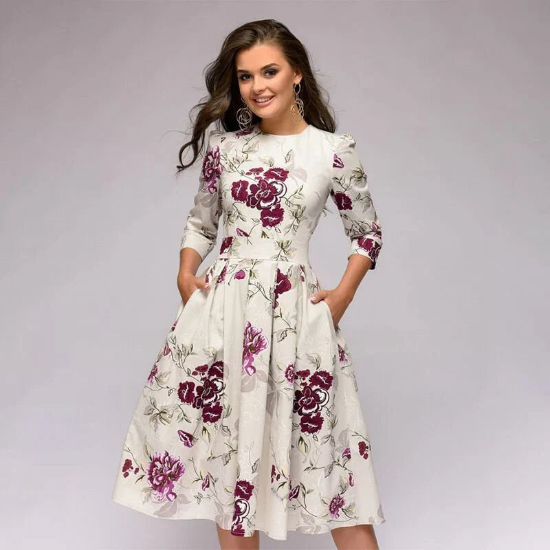 Floral Print Midi Dress with Wide Skirt for Women's Summer and Formal Fashion-1