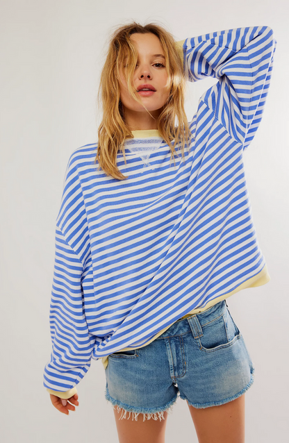 Sudadera extragrande para mujer - Casual de algodón a rayas con corte cuadrado