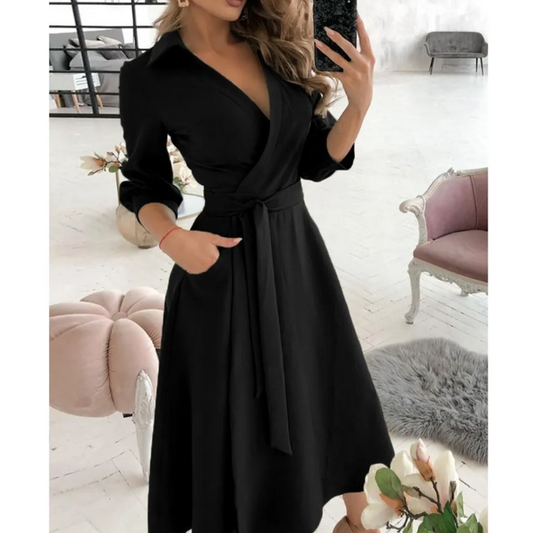 Elegant Midi Dress for Women with Deep V-Neck, Flattering Fit, and Versatile Style for Any Occasion-1