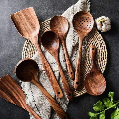 7pcs Teak Wooden Utensil Set – Premium Non-Scratch Kitchen Tools, Handcrafted Teak for Long-Lasting Durability