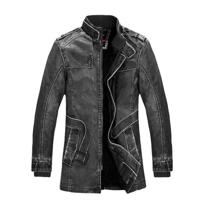 Durable Men's Leather Jacket - Classic Stand-Up Collar, Zip-Front, Belted Waist, PU Leather, Casual Fall and Winter