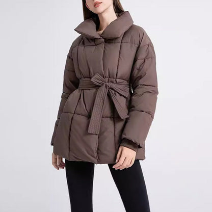 Warm Womens Puffer Coat - Belted Quilted Nylon Midthigh
