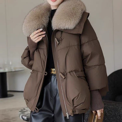 Insulating Women's Puffer Jacket - Short Boxy Fur Collar