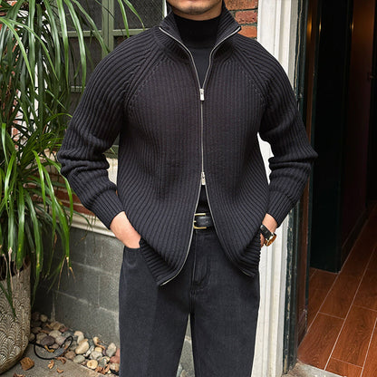 Cardigan ajusté pour homme - Col montant, tricot côtelé slim