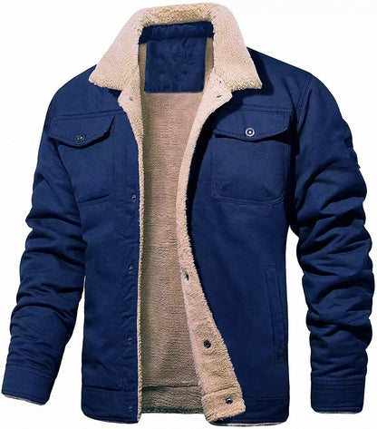 Warm Durable Men's Jacket - Trucker Cut, Sherpa Lined Cotton Canvas, For Fall And Winter