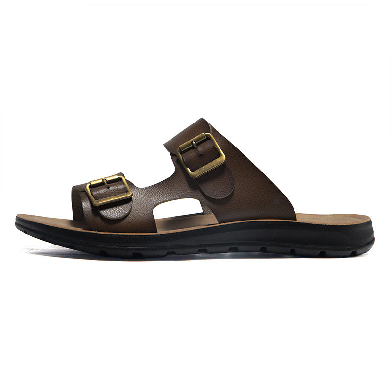 Non-slip men's sandals - double-buckle, PU leather, beach-ready footwear for everyday wear