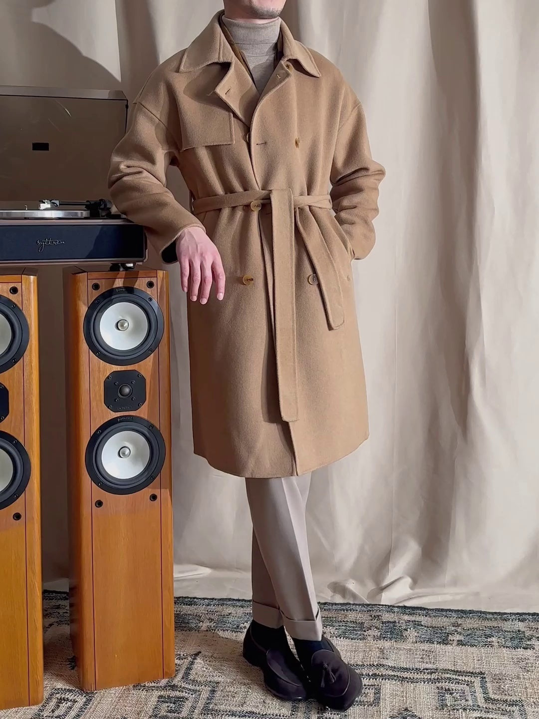 Warm Mens Mid-Length Coat - Drop Shoulder, Wool, Winter