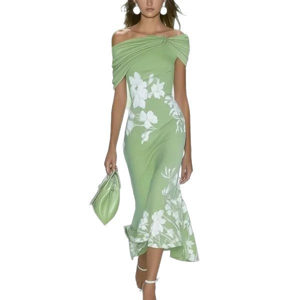 Lightweight women's dress - off-shoulder twist midi-length, floral print, polyester, for weddings