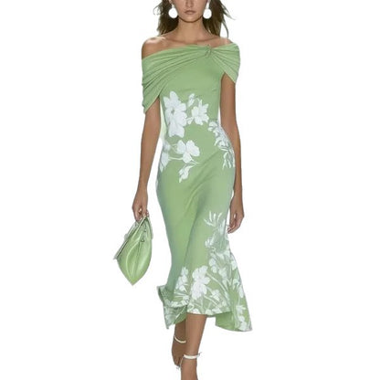 Lightweight women's dress - off-shoulder twist midi-length, floral print, polyester, for weddings